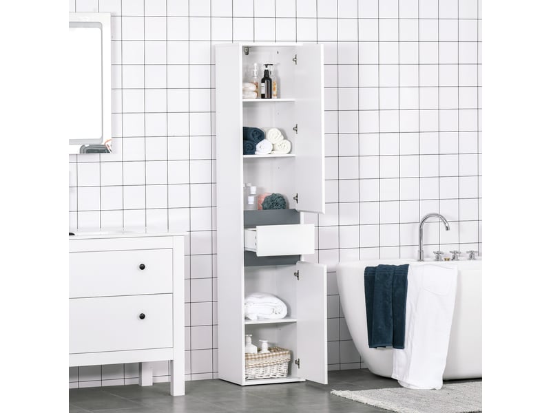  Meuble colonne rangement salle de bain style contemporain 2 placards 3 étagères et tiroir coulissant panneaux particules blanc  - Conforama B