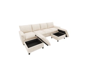 Canapé d'angle panoramique fixe Fay Lum 4 places Tissu beige avec coffre de rangement