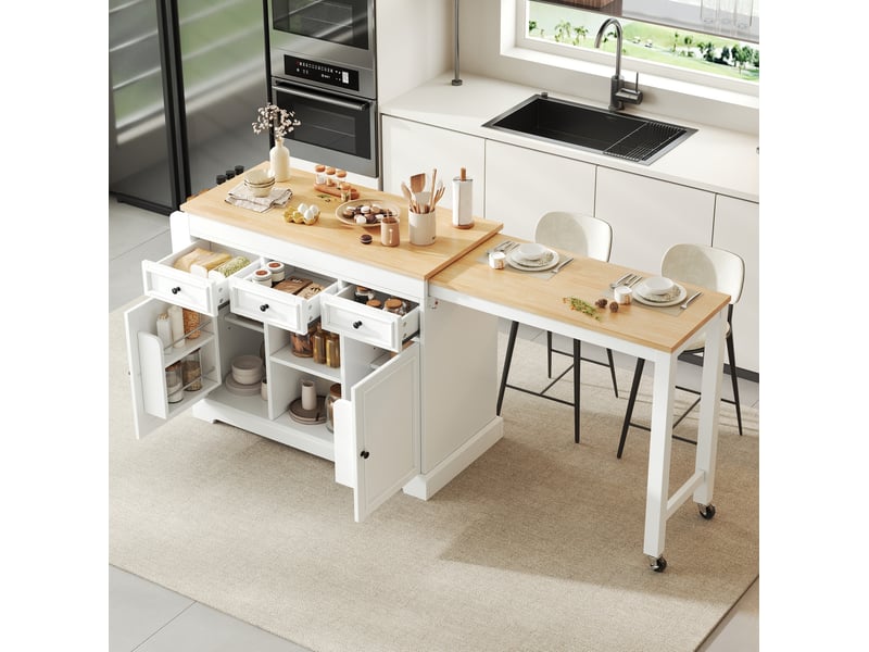 Desserte de cuisine mobile avec plateau extensible, 3 tiroirs et rangement à épices, blanc et naturel 112 × 45 × 92 cm - Conforama D
