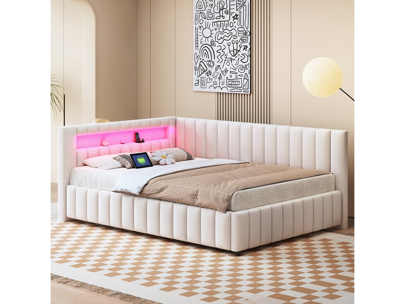  Lit convertible rembourré en velours beige 140x200 cm  - Conforama D