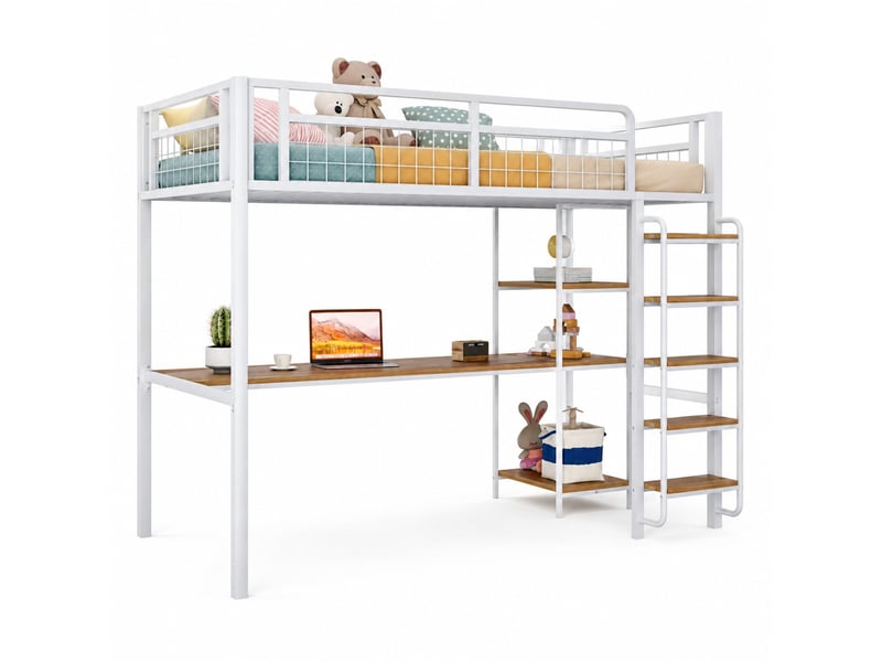  Lit mezzanine enfant 90x200 cm avec bureau et étagères coloris blanc  - Conforama A