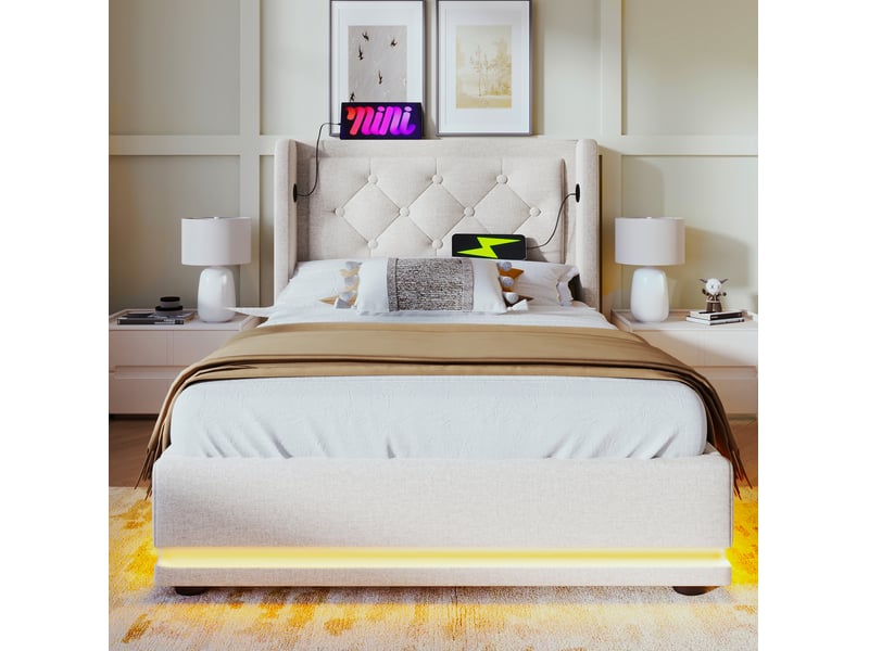 Lit coffre adulte 90x200 cm – beige – rangement hydraulique, led 3 côtés et charge usb-c avec tête capitonnée - Conforama B