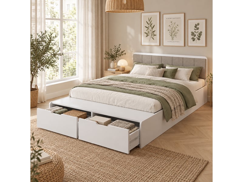  Lit enfant en bois 140x200cm - tête de lit rembourrée - avec 2 tiroirs et banc de bout de lit - blanc (sans matelas)  - Conforama E