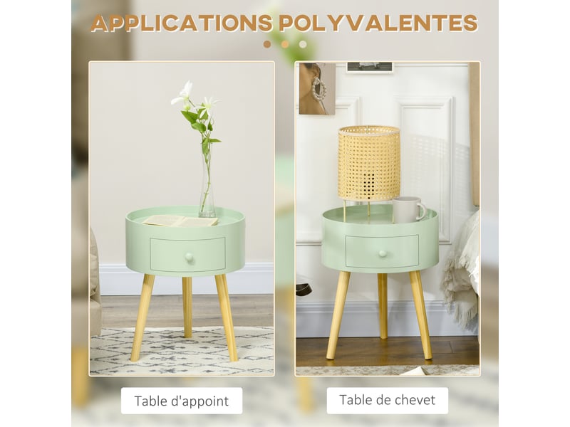  Table basse table de chevet table de nuit ronde design scandinave bout de canapé avec tiroir pieds effilés inclinés  - Conforama E