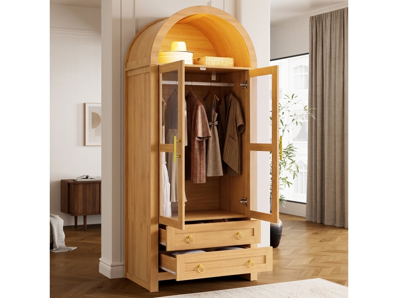  Armoire-penderie 76x50x185cm avec portes vitrées, tringle, 2 tiroirs et éclairage led multicolore, design incurvé, effet chêne evarich - Conforama E
