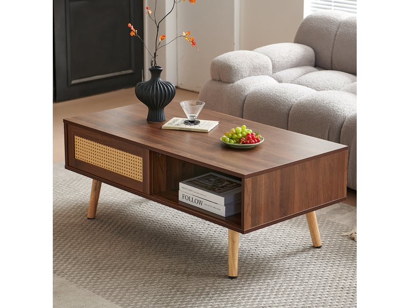  Table basse avec porte coulissante en rotin, 105 x 55 x 40 cm, marron, mdf  - Conforama E