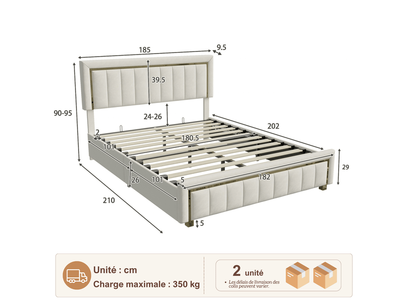  Lit coffre 180x200 cm, lit double rembourré avec rangement, lit coffre hydraulique - sommier à lattes - sans matelas - capacité de charge 350 kg - velours beige  - Conforama C