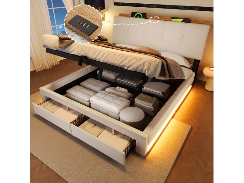  Lit coffre 140x200 cm en lin beige avec led, usb et type-c  - Conforama E