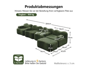 Canapé modulaire 4 places en velours vert, canapé d’angle avec pouf, mousse haute densité 32d et éléments repositionnables pour salon