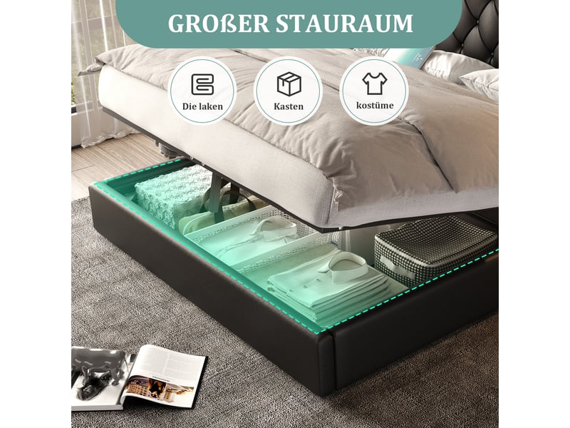  Lit double 160x200 cm avec plusieurs ports usb et lampe de bureau, cadre de lit coffre avec tête de lit longue, noir, velours  - Conforama R