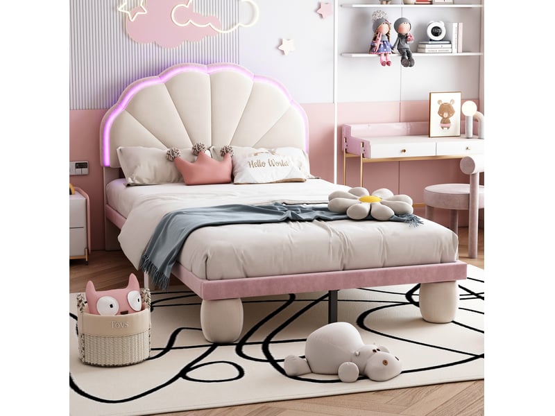  Modenvie lit enfant 90x200 cm - led multicolore, sommier inclus - sans matelas, beige et rose  - Conforama E