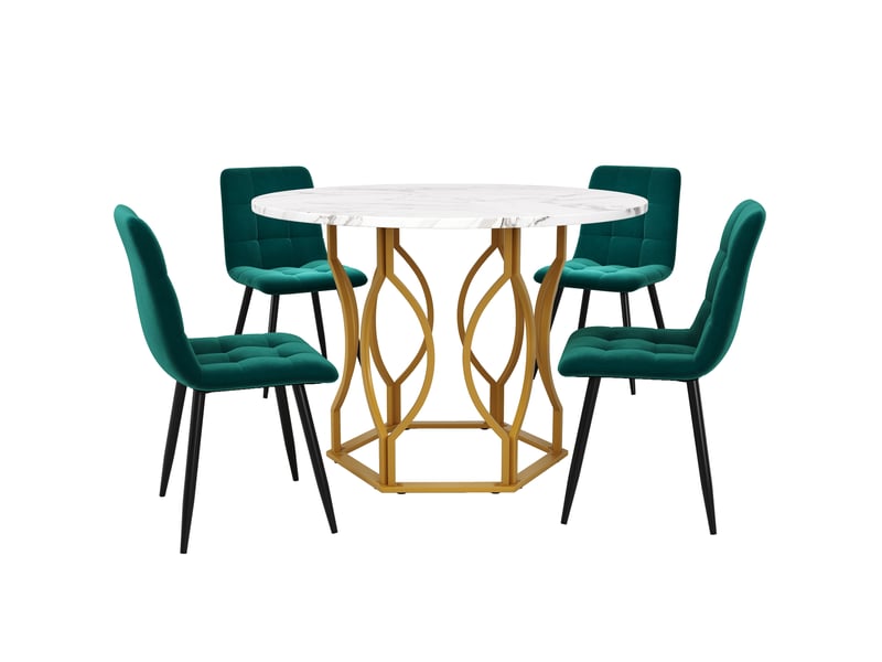  Ensemble repas 5 pièces avec table ronde diamètre 100 cm, plateau blanc effet marbre et 4 chaises en velours vert foncé  - Conforama A