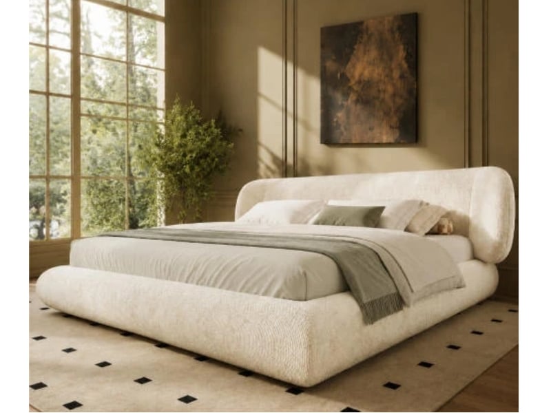 Lit capitonné 180×200, sommier + tête, chenille, bois, beige, sans matelas - Conforama D