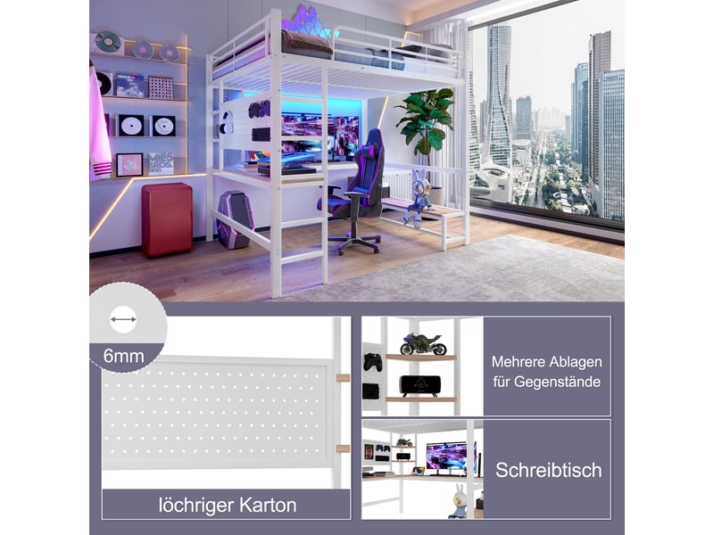  Lit mezzanine 140x200 cm blanc, avec bureau, rangements, panneau perforé, échelle, led, usb-c, structure métal, sommier inclus, sans matelas  - Conforama E