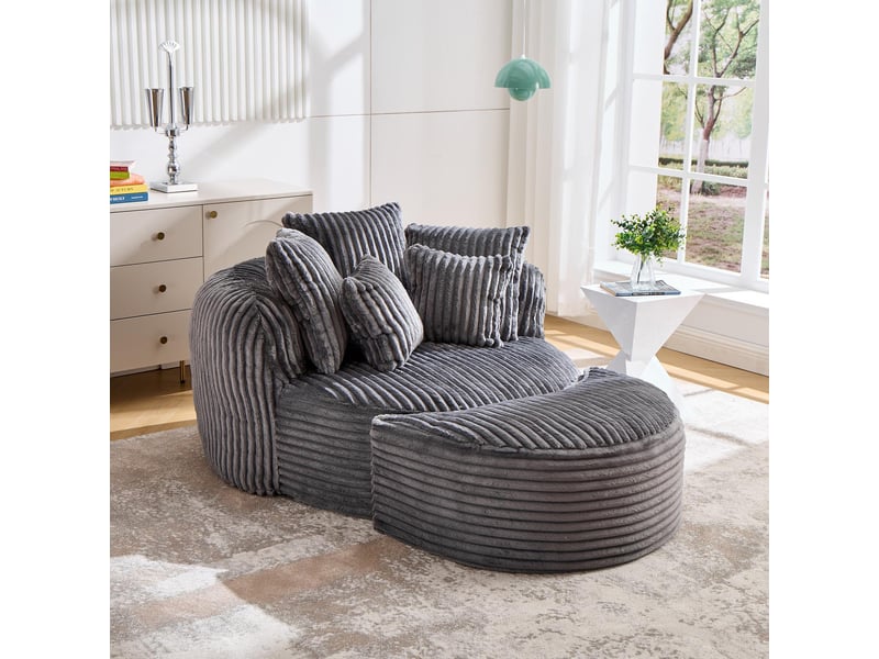  Fauteuil rond avec pouf - 168x123x63 cm - canapé lit lounge velours côtelé avec 5 coussins sans structure rigide - gris foncé  - Conforama B