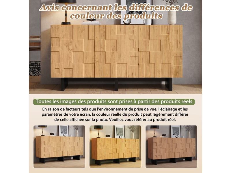  Buffet salon, armoire de rangement avec 3 portes, buffet cuisine avec 5 compartiments, 140x40x70cm , façades 3d, bois naturel  - Conforama E