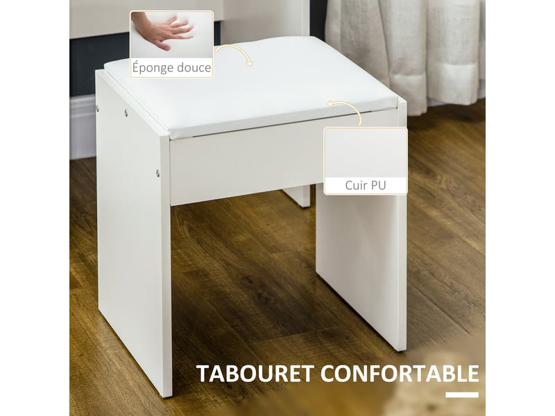  Ensemble de coiffeuse avec tabouret rembourré grand miroir + 4 tiroirs blanc + plusieurs étagères ouvertes  - Conforama R