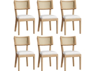 Lot de 6 chaises repas 58x50x88 cm avec dossier rotin assise lin mousse densité élevée bois moderne bois naturel