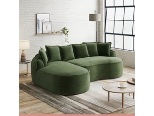 Canapé d'angle modulaire en tissu chenille vert, forme l avec chaiselongue et coussins, assise extra profonde, accoudoirs larges