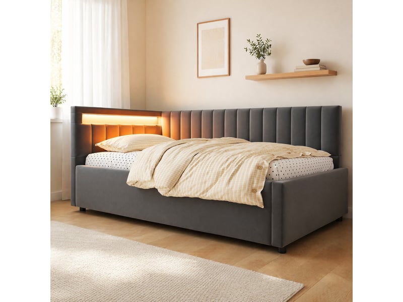 Lit banquette capitonné 90 x 200 cm, éclairage led, rangement hydraulique, sommier à lattes, revêtement en velours, grey  - Conforama C