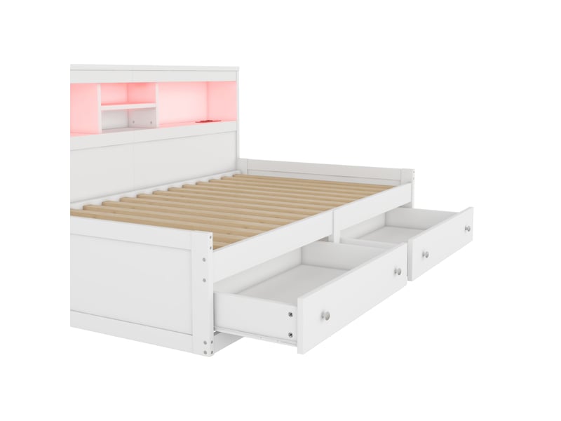  Lit banquette 90x200 cm avec tiroirs et éclairage led - canapé lit blanc avec prises usb intégrées  - Conforama E