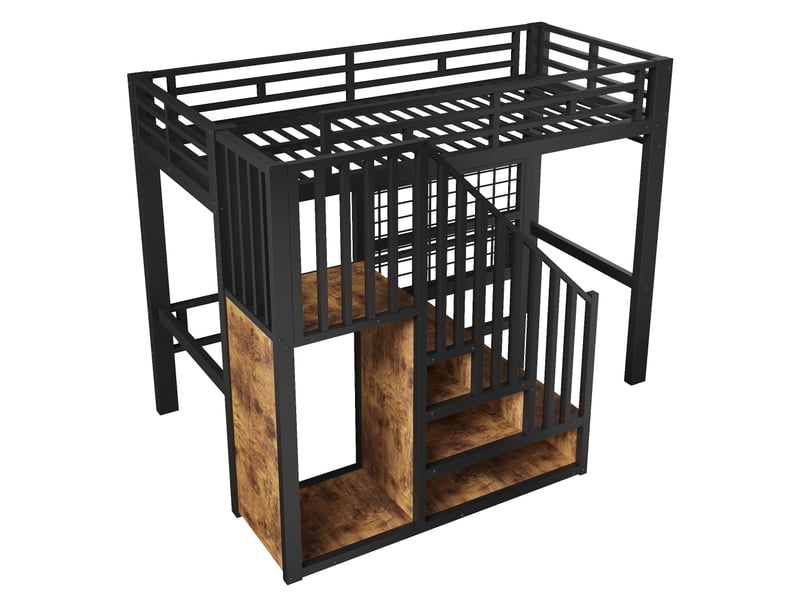  Lit mezzanine, 90 x 200 cm, lit en fer, escalier de rangement, rambarde, barre de penderie, éclairage led, sans matelas, noir  - Conforama E