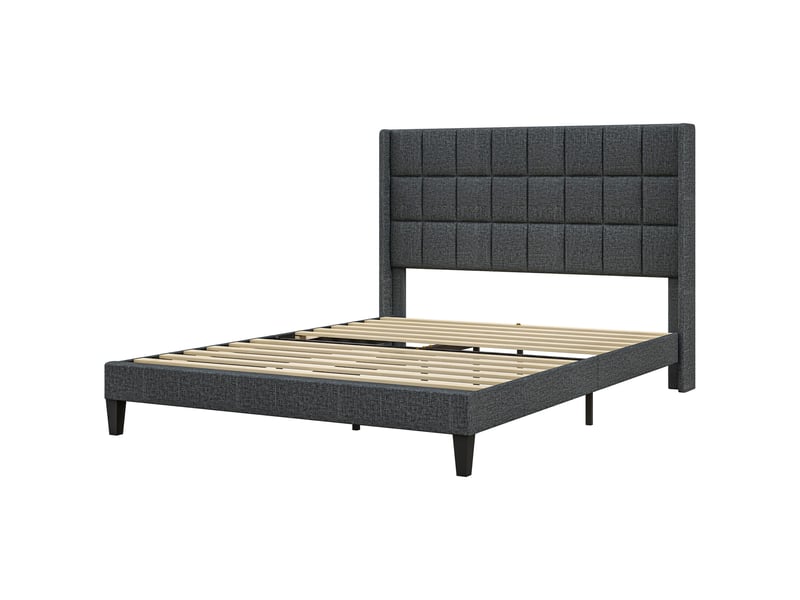  Lit 2 places rembourré 135x190 cm gris, tête de lit capitonnée et rangement sous le lit  - Conforama B