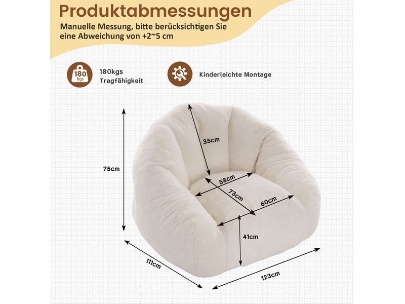  Fauteuil poire adulte 111x123x75 cm en fausse fourrure blanc  - Conforama D