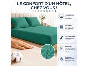 Drap housse 100% percale de coton 80 filscm² - grand bonnet 30 cm – fabrication européenne – doux, résistant – oeko-tex®
