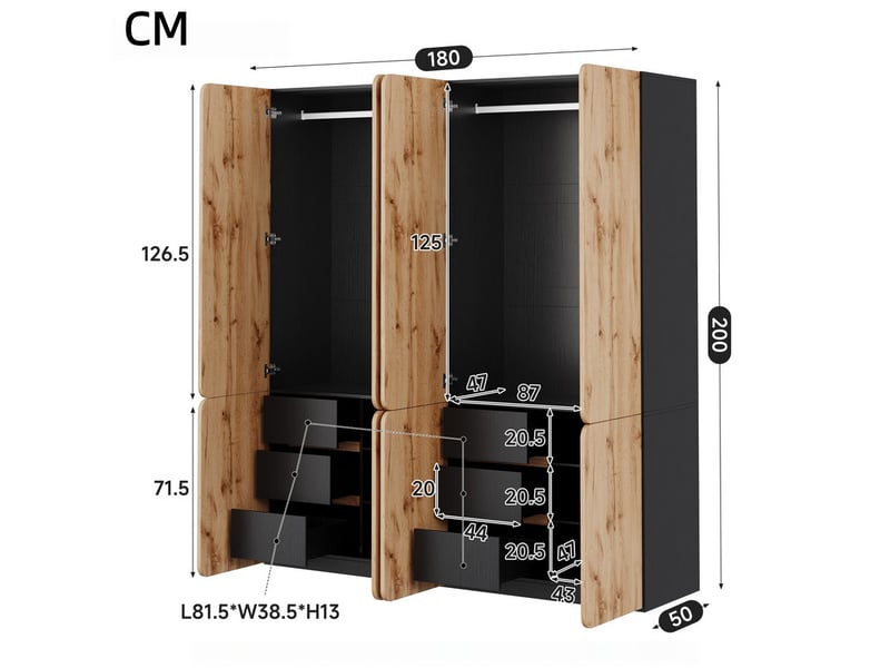  Armoire à portes battantes 8 vantaux, 180 x 50 x 200 cm, 2 penderies et 6 tiroirs, look moderne, chêne artisan  - Conforama C
