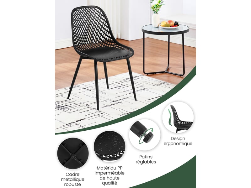 Lot de 4 chaise de salle à manger, chaise de cuisine, pieds en métal, dossier incurvé, en pp, noir  - Conforama E