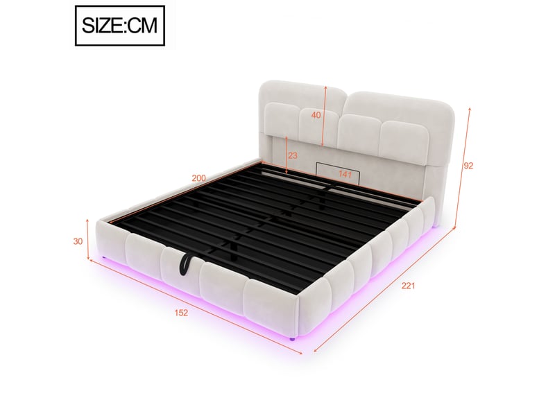  Lit coffre 140 × 200 cm 2 places avec led réglable et tête de lit rembourrée, sans matelas, en velours beige  - Conforama D
