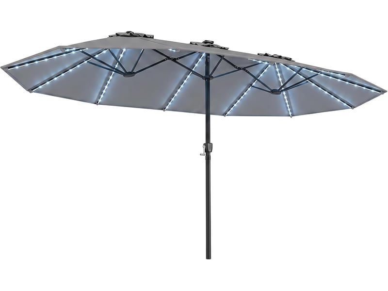  Parasol double à 12 baleines (gris, 4,36 x 2,58 m, led, pied non inclus) | parasol rectangulaire avec manivelle, 144 led solaires, 12 modes  - Conforama A