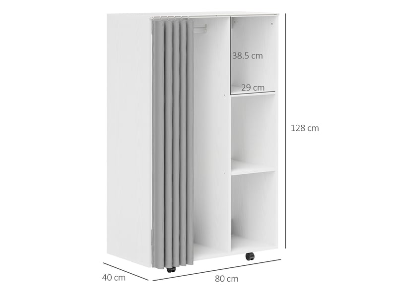  Porte-manteau à 4 roulettes, étagères ouvertes, tringle à vêtements, rideaux de placard, pour chambre, salon, couloir, blanc  - Conforama C