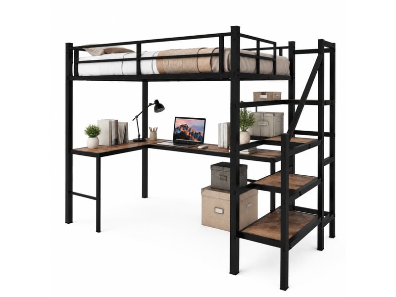 Lit mezzanine 90×190 cm avec bureau en l, étagères, escalier, rangement et barrière, métal noir - Conforama A