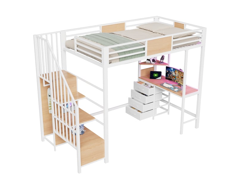  Lit mezzanine 90x200 cm avec bureau, rangements, led et prise, en métal blanc  - Conforama A