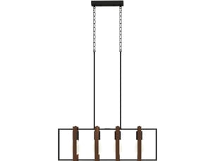Suspension 4 lumières 80 x 21 cm – noir et bois noyer – hauteur réglable 90 à 130 cm, ampoules non incluses