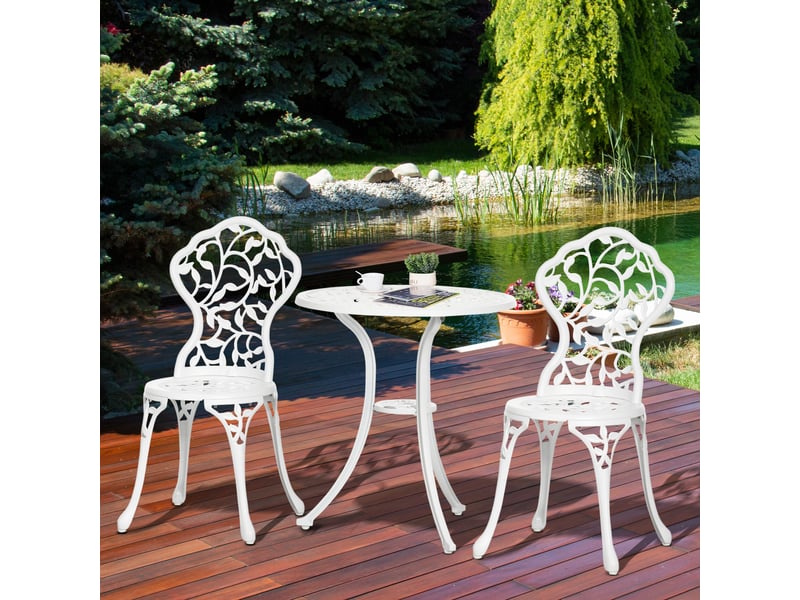  Ensemble de jardin 3 pièces en aluminium blanc, comprenant 2 chaises d'extérieur (45 x 42 x 85,5 cm) et une table ronde (ø 61 x 66,5 cm).  - Conforama D