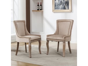 Lot de 2 chaises de salle à manger velours beige, pieds bois massif, clous décoratifs, pour cuisine et séjour