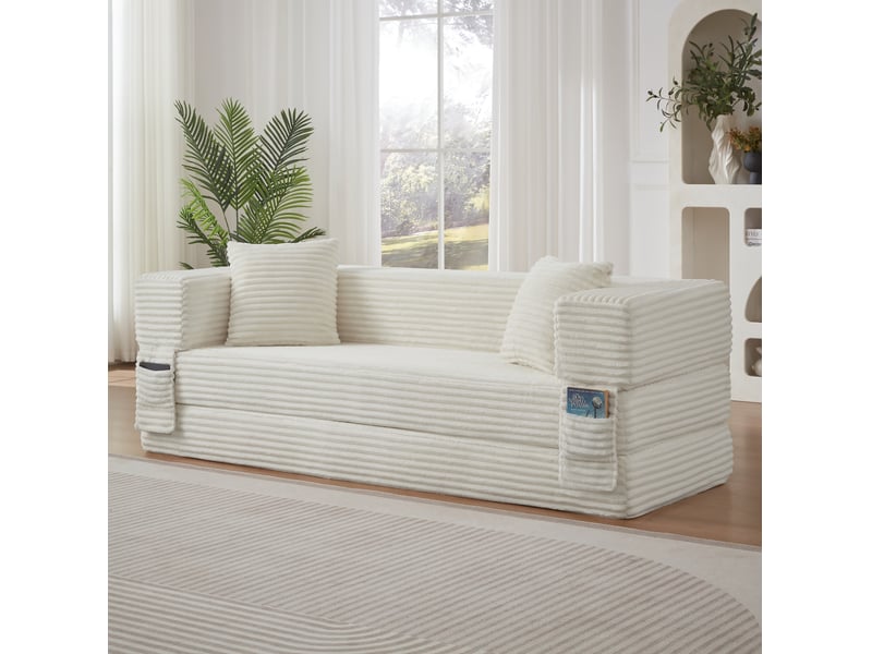  Canapé convertible 3 places 200x76x60 cm, style carré, velours côtelé, blanc  - Conforama D