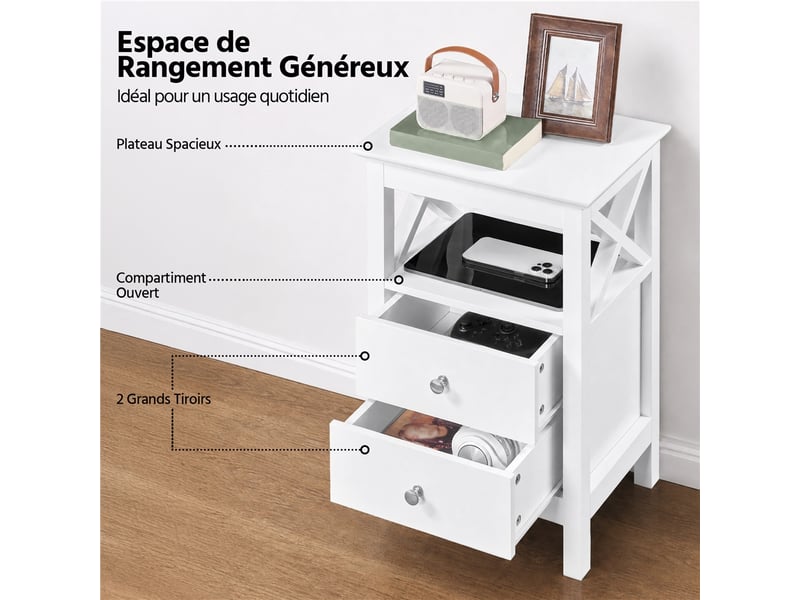 Lot de 2 tables de chevet scandinaves avec 2 tiroirs et étagère ouverte 40x30x60 cm blanc 616335 White(2pcs) - Conforama W