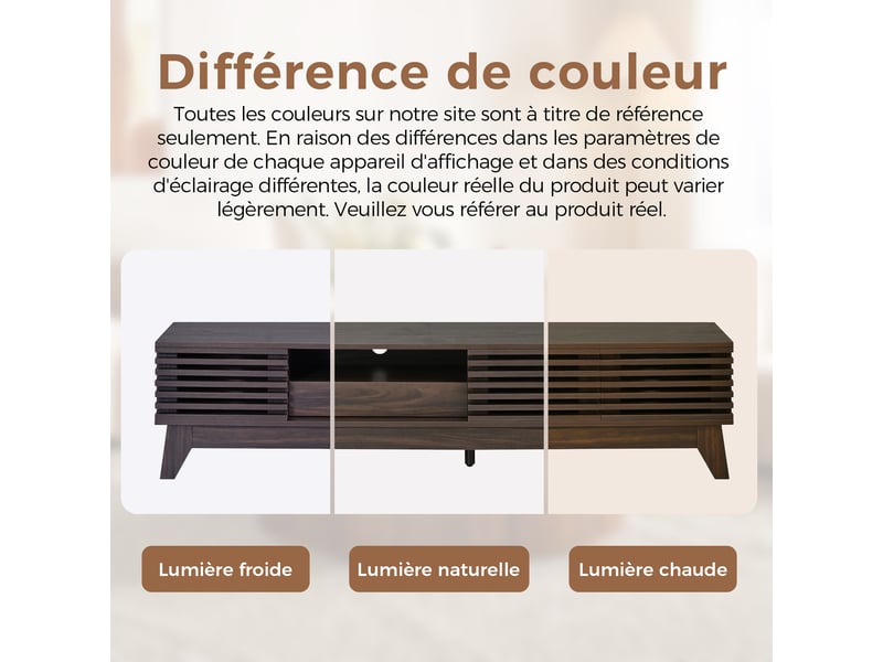  Meuble tv avec 3 portes et 1 tiroir, 170 x 35 x 40 cm, niches ouvertes et façades horizontales rainurées, mdf, couleur noyer Morn Vibe - Conforama D