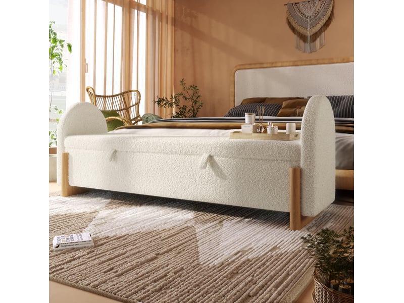 Banc de bout de lit coffre 186 cm en tissu chenille bouclé blanc, fermeture douce - Conforama C
