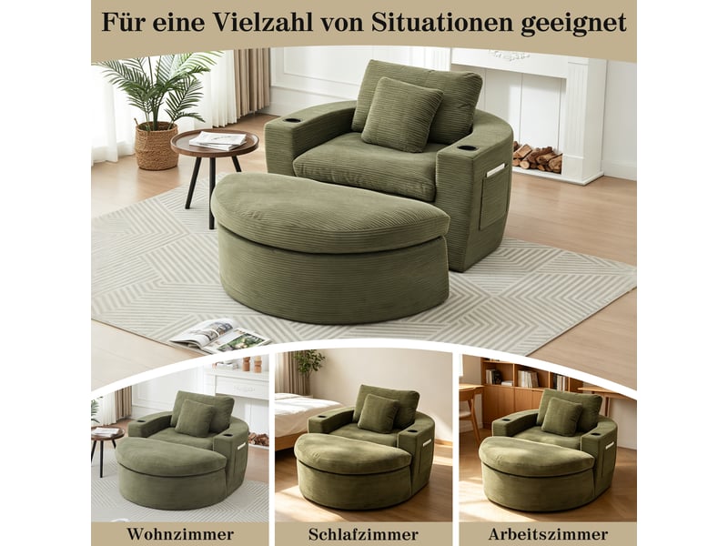  Fauteuil rond en velours côtelé, avec pouf, sans ossature rigide, assise à double couche pour les moments de repos  - Conforama E