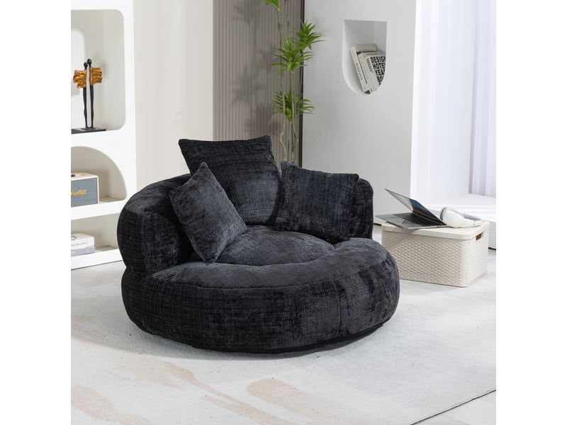  Fauteuil rond en chenille noire, 3 coussins, assise en mousse et dossier enveloppant, sans montage, pour salon et chambre  - Conforama B