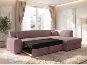 Canapé d'angle droit convertible <strong>AX LIVING </strong> <strong>Lucera</strong> 4 places Velours côtelé rose avec coffre de rangement
