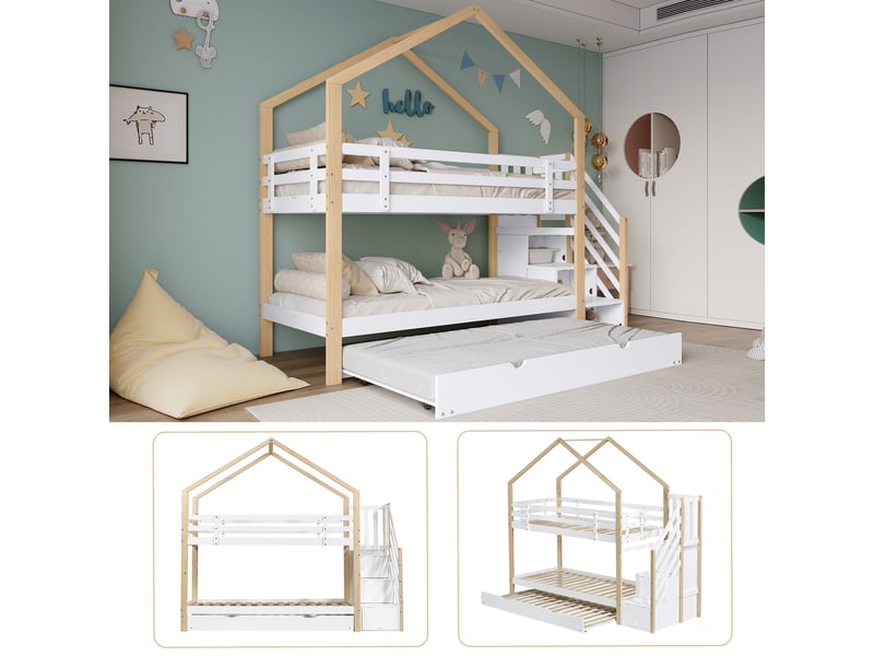  Lits superposés enfant avec lit gigongne, lit cabane 90x200 cm, tiroirs, sommiers, bois+mdf, blanc+naturel  - Conforama D