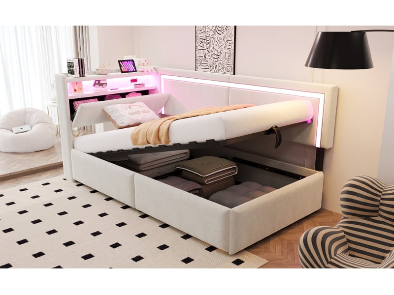  Lit simple à vérins avec éclairage led et port usb, canapé-lit rembourré 90x200 cm avec tête de lit en velours, beige, lit enfant  - Conforama W