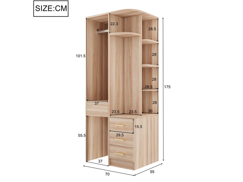 Armoire avec penderie ouverte, étagères et 3 tiroirs, 70x55x175 cm, blanc et coloris bois - Conforama E