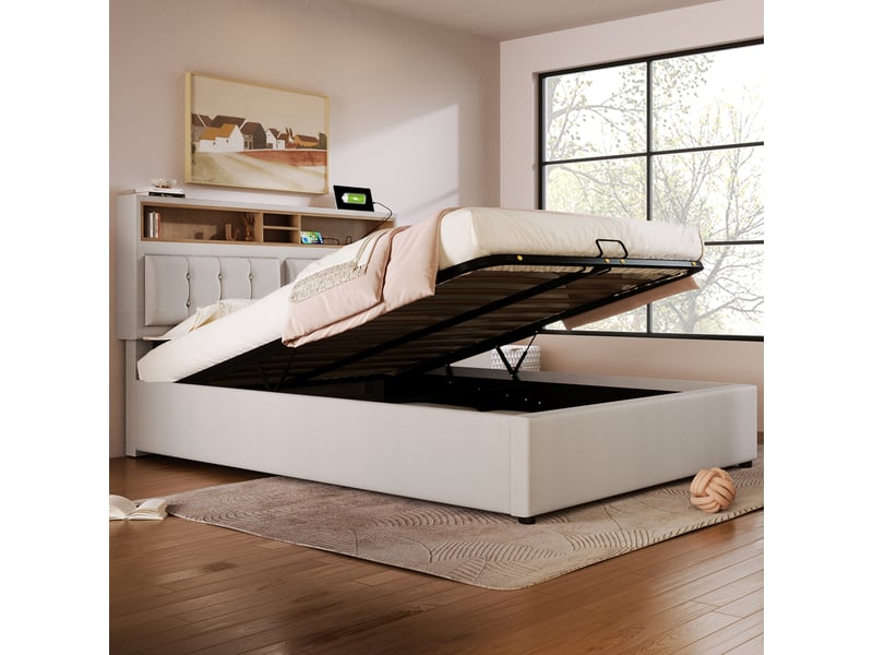  Lit polsteré en lin beige 140 x 200 cm  - Conforama D